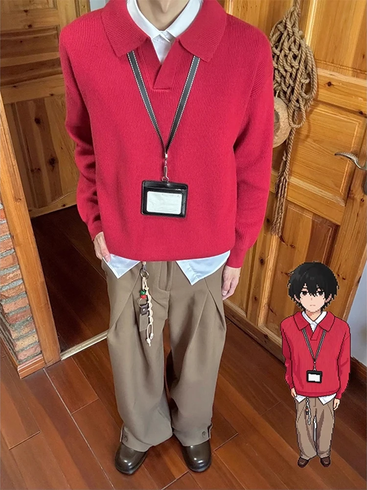 

Red Heavyweight V-Ne Knitwear Men's Autumn High-End Commute Long Sve Loose Fit Turn-down Collar Sweater