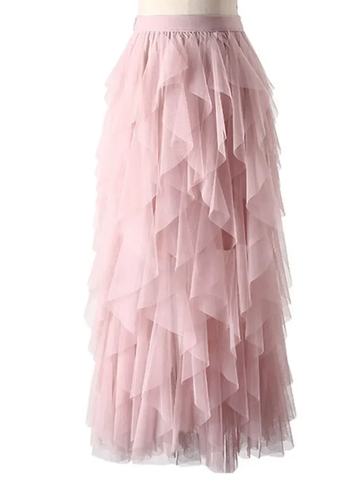 Waves Tutu Tulle Long Maxi Skirt Women Fashion 2024 Korean Cute Pink High Waist Pleated Skirt Mesh Female Lady Aesthetic Faldas