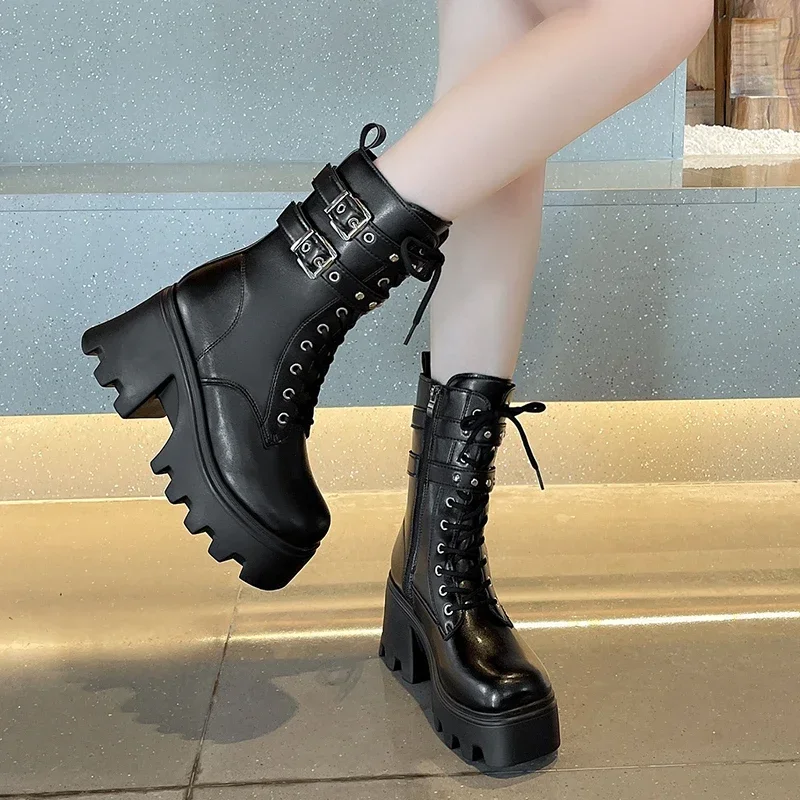 2024 New Fashion Platform Wedges Motorcycle Boots for Women Buckle Black Ankle Boots Shoes Woman Gothic Thick High Heels Botas