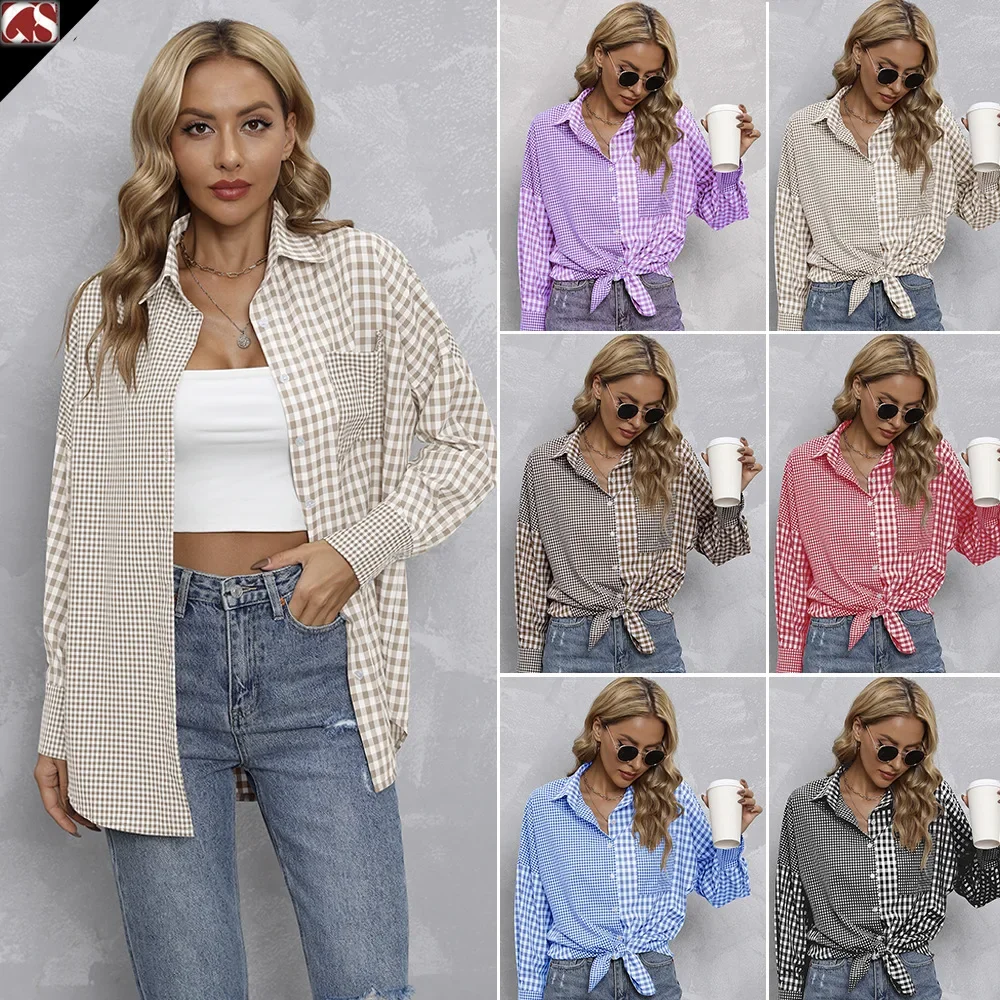 Women Spring Summer Shirt Plaid Color Button Long Sleeve Turndown Collar Casual Fashion Comfortable Elegant Regular Standard Fit