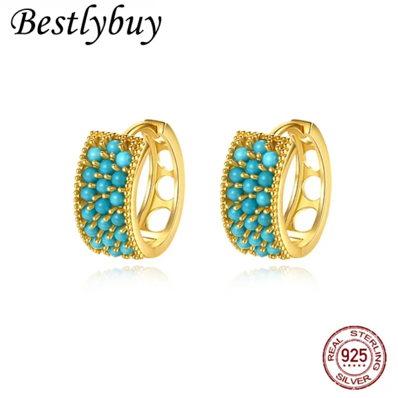 

new Natural Turquoise Earrings 925 Sterling Silver Gold-plated Original Retro Fashion Light Luxury French Jewelry