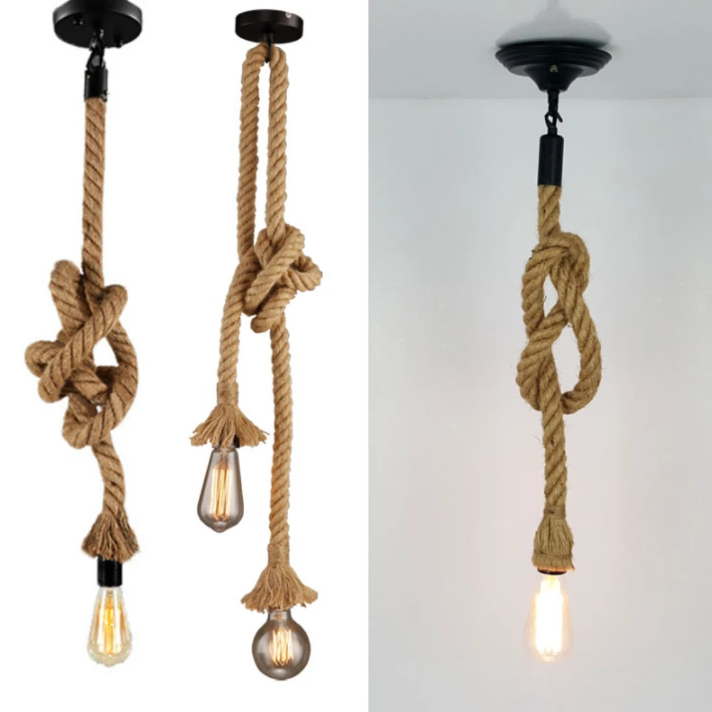 Vintage Edison E27 Vintage Chandelier Lamp American Retro Hemp Rope Pendant Light Industrial Hanging Lamps Loft Home Decor