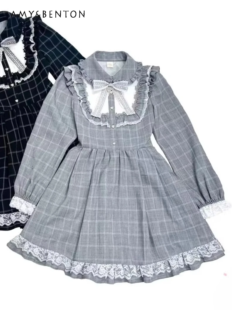 

Japanese Style SC New Plaid Lolita Mass-Produced Dress Autumn College Style Retro Elegant Long Sleeve Slim Mid-Length Dresses