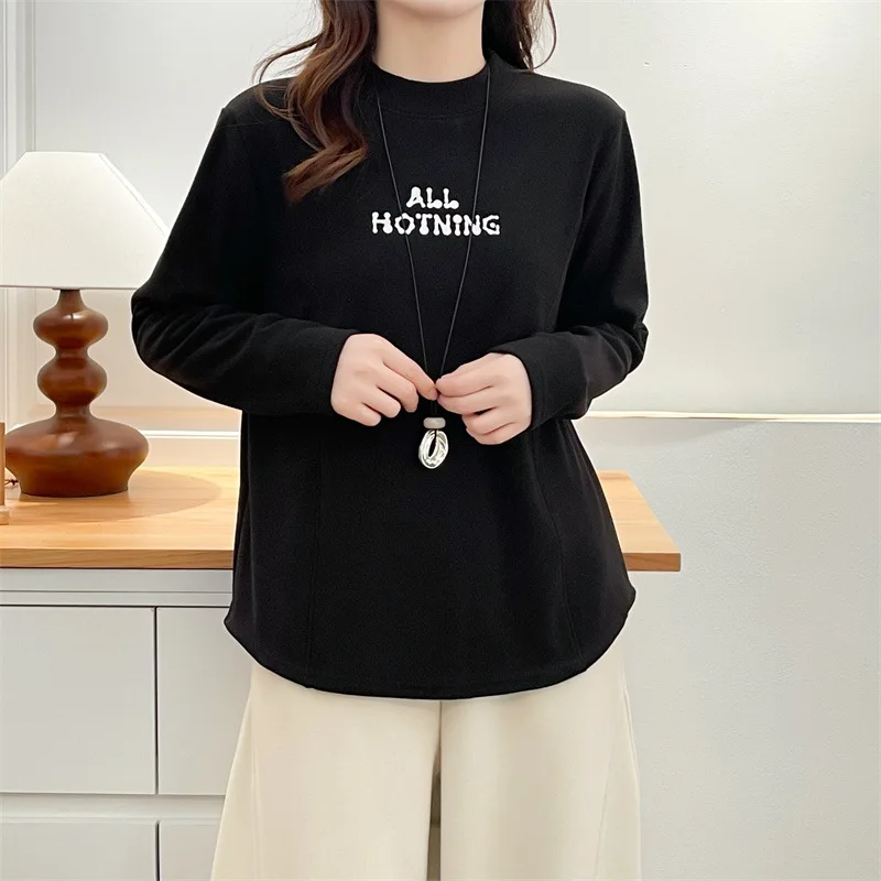 XXXXL موضة حجم كبير ملابس امرأة تي شيرت 2025 الخريف والشتاء نمط جديد مطبوعة رسالة الصوف الدافئة كم طويل علوي 8089 #1