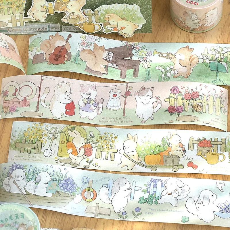 3cm*3m Kawaii Cartoon Cat Rabbit Tape Stickers Creative Labels Junk Journal Scrapbooking Material Masking Tape