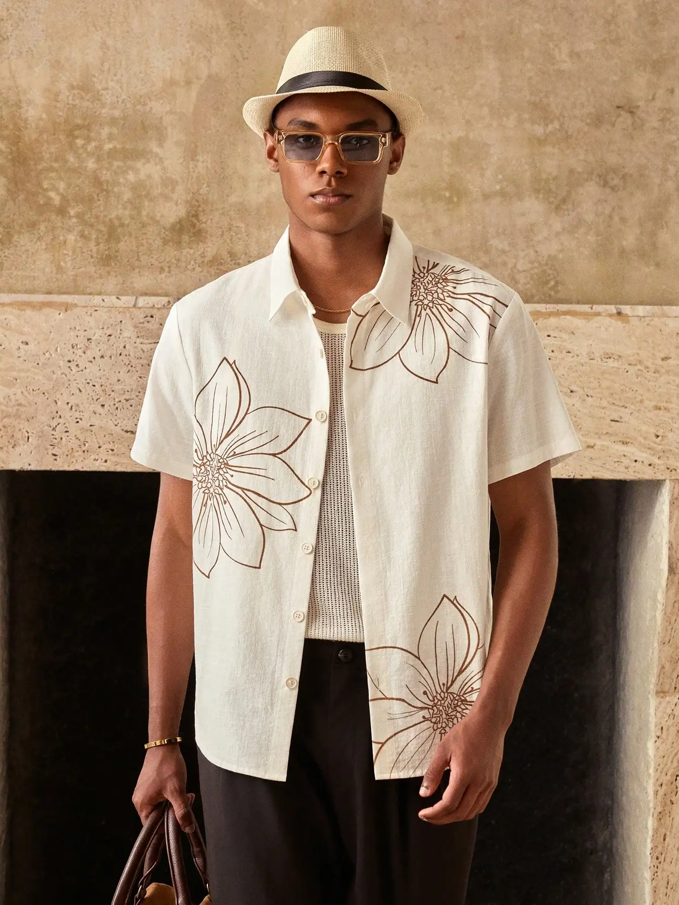 

Men's Loose Fit Floral Print Short Sleeve Linen Shirt, Summer Casual