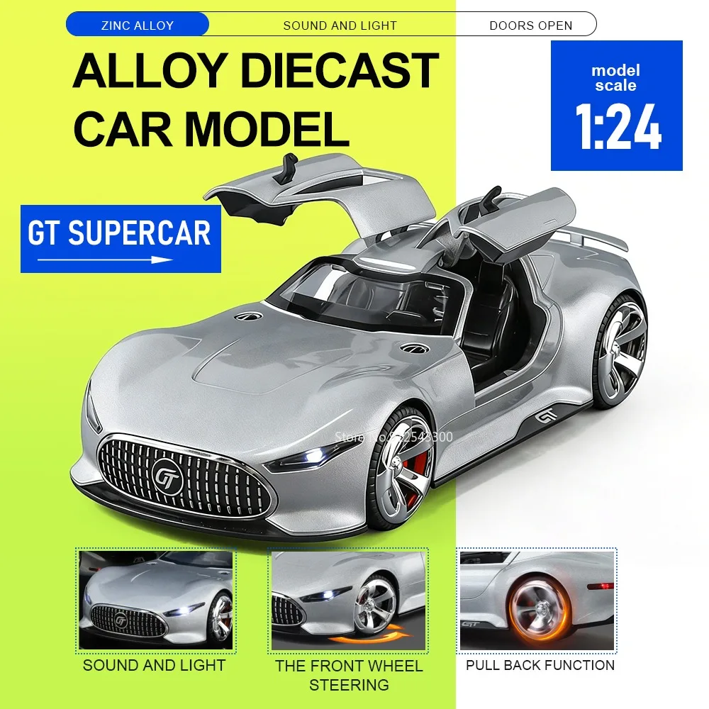 

1:24 Sacle GT ONE Car Model Toy Front Wheel Steer Sound Light Cars Pull Back Shock Absorption Models Livingroom Decorations