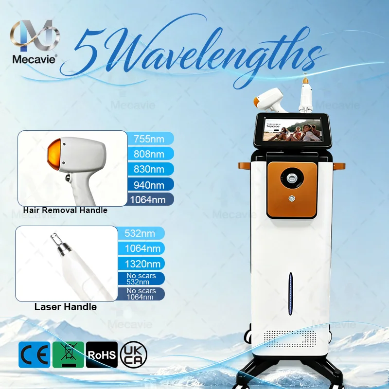 Mecavie 2IN1 Diode Laser Machine 5000W 5 Wavelength 10 Bars FAC Sapphire Cooling Tattoo Hair Removal 2Y Warranty Beauty Device