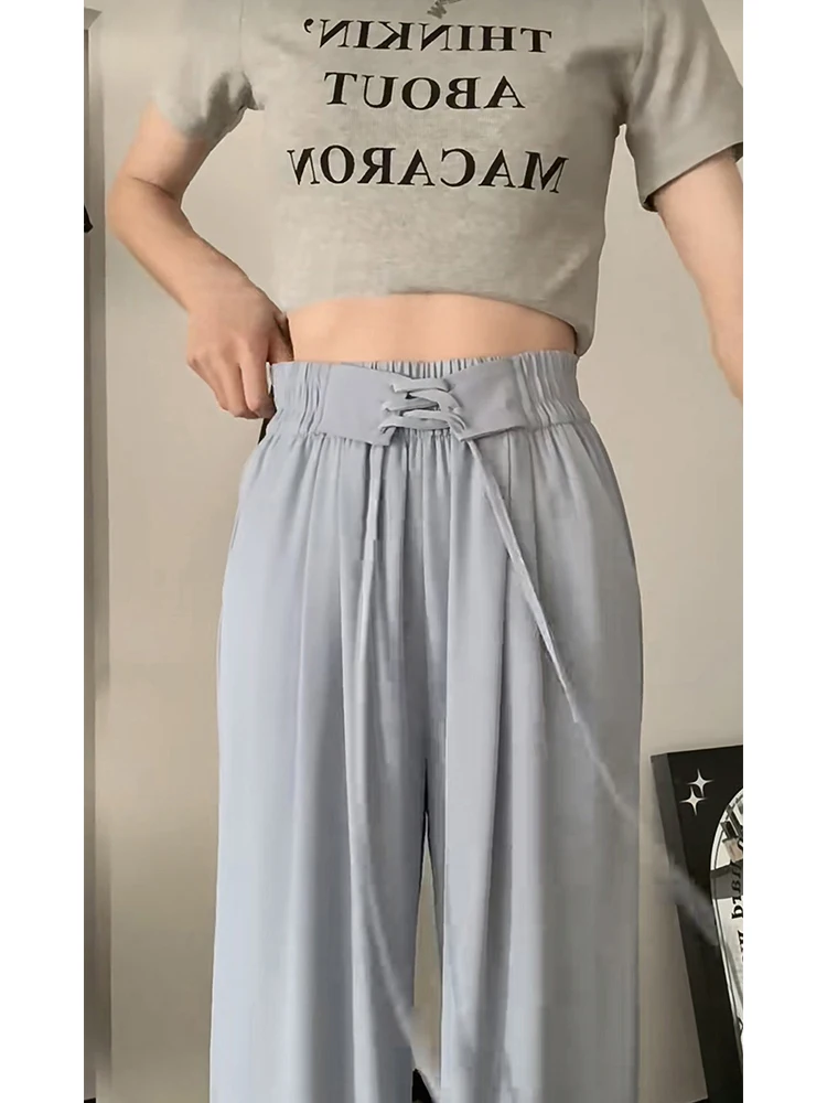 2023 Women New Pleated Tie Up High Waist Cozy Trousers Straight Wide Leg Baggy Casual Office Ladies Pant Solid Color Design Chic