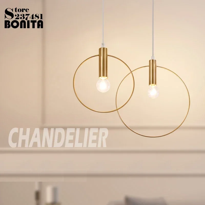 Copper Pendant Lamp Nordic Simplicity Round Shape Iron Frame Ceiling Chandelier Dinning Table Bedside Golden Ring Hanging Light