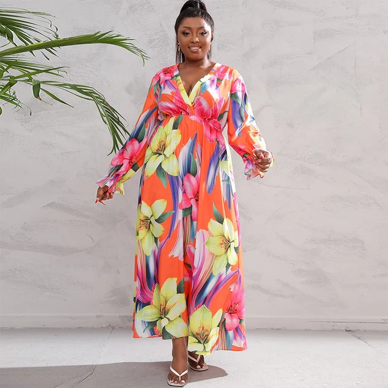 

Wsfec XL-4XL 2023 Fall Women Clothing African Plus Size Dresses Long Sleeve Fashion Printing Loose Casual Elegant Long Dress