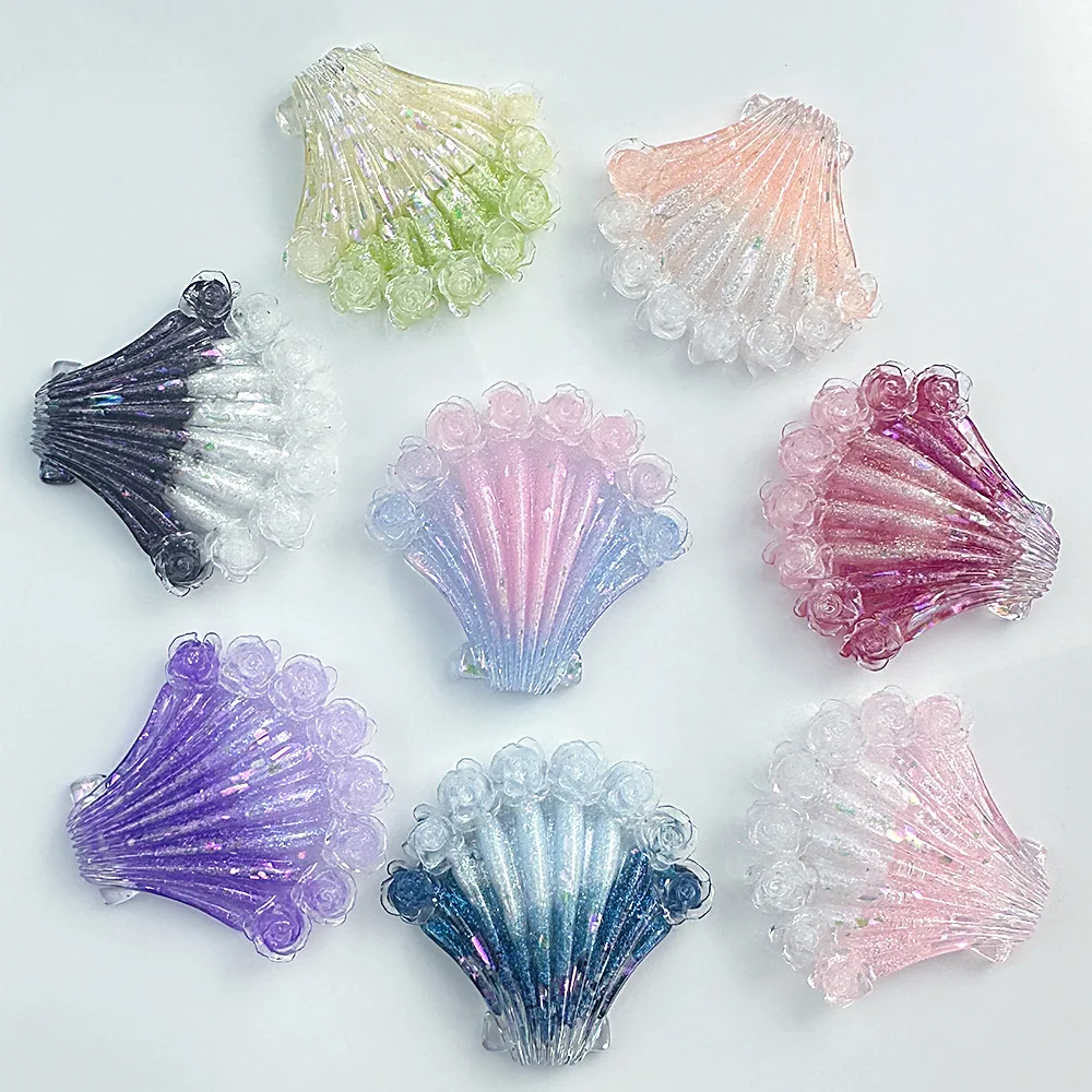 50PCS Cute Resin Ocean Shell 47MMX46MM Two tone Sparkling Luminous DIY Phone Case Luggage Keychain Accessories
