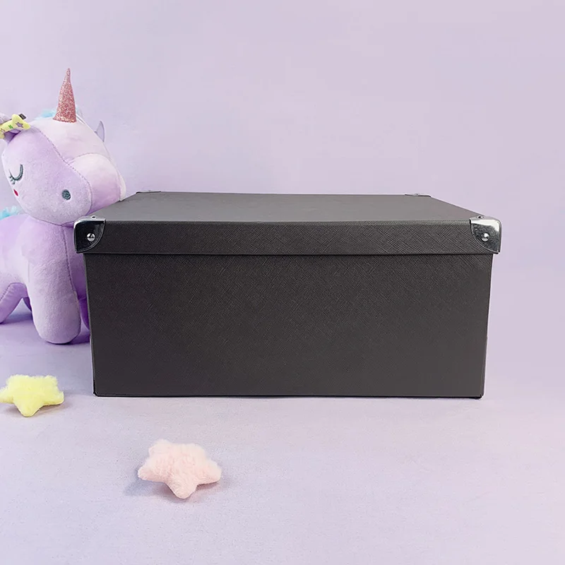

Black Foldable File Stack Storage Box With Lid And Metal Reinforced Corner For Office Storage, Toy Photo Storage Box