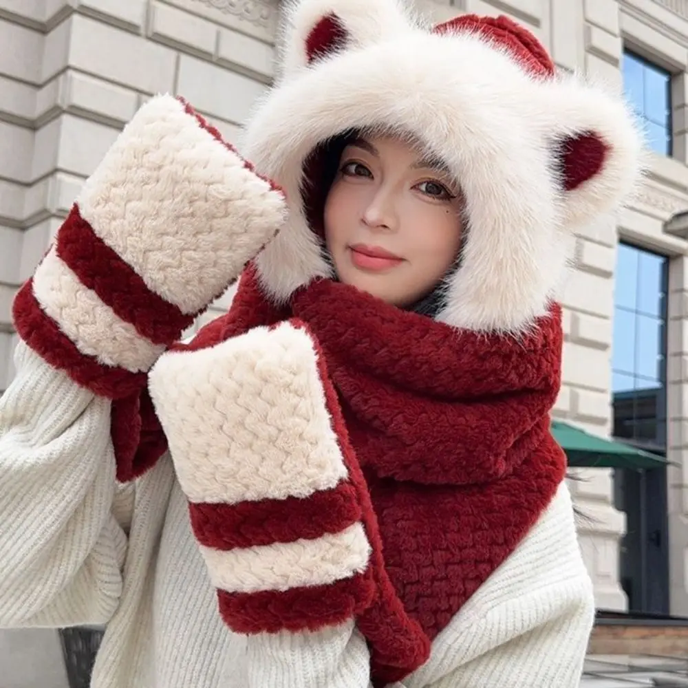 Czapka zimowa z ochroną uszu, gruba, zintegrowana z rękawicami i szalikiem, miękka, pluszowa, zapewniająca ochronę przed niedźwiedziami.