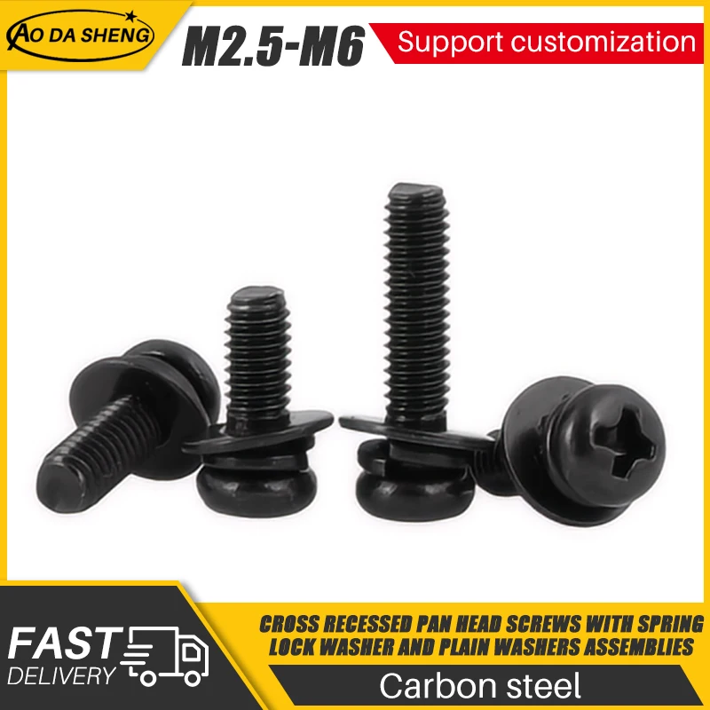 AODASHENG 50/30/20/10PCS M3 M4 M5 M6 Carbon Steel Black Cross Recessed Pan Head Screws with Spring Lock Washer and Plain Washers