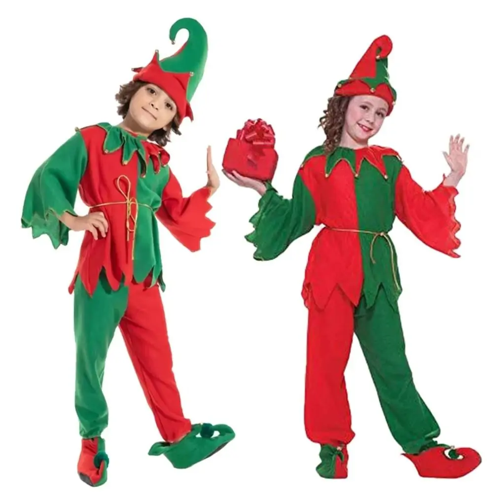 Green Elf Christmas Elf Cosplay Costume, Top e Calças, Color Blocking Shoes, Acessórios para festa, Performance Hat