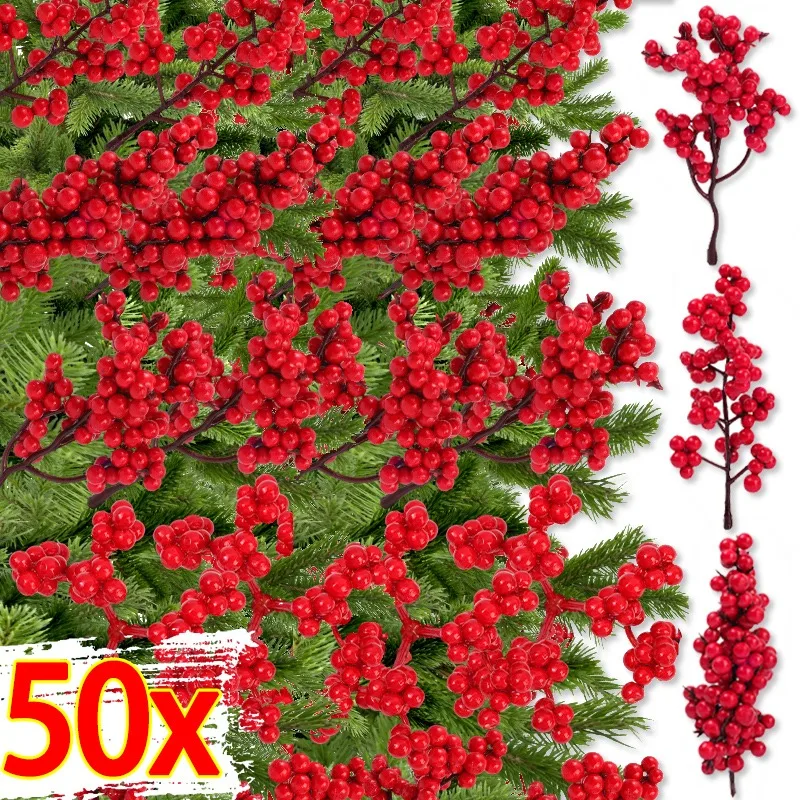 5-50Pcs Artificial Holly Berries Mini Red Simulation Cherry Stamen Xmas Tree Hanging Christmas Party New Year DIY Decoration