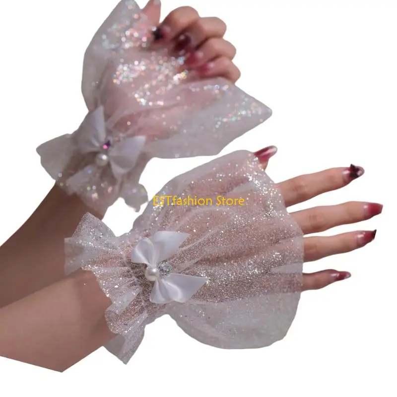 Y5GC Bowknot Wrist Cuffs For Nails Photography Breathable Glitter Fabric Elastic Cuffs Fashion Accessories