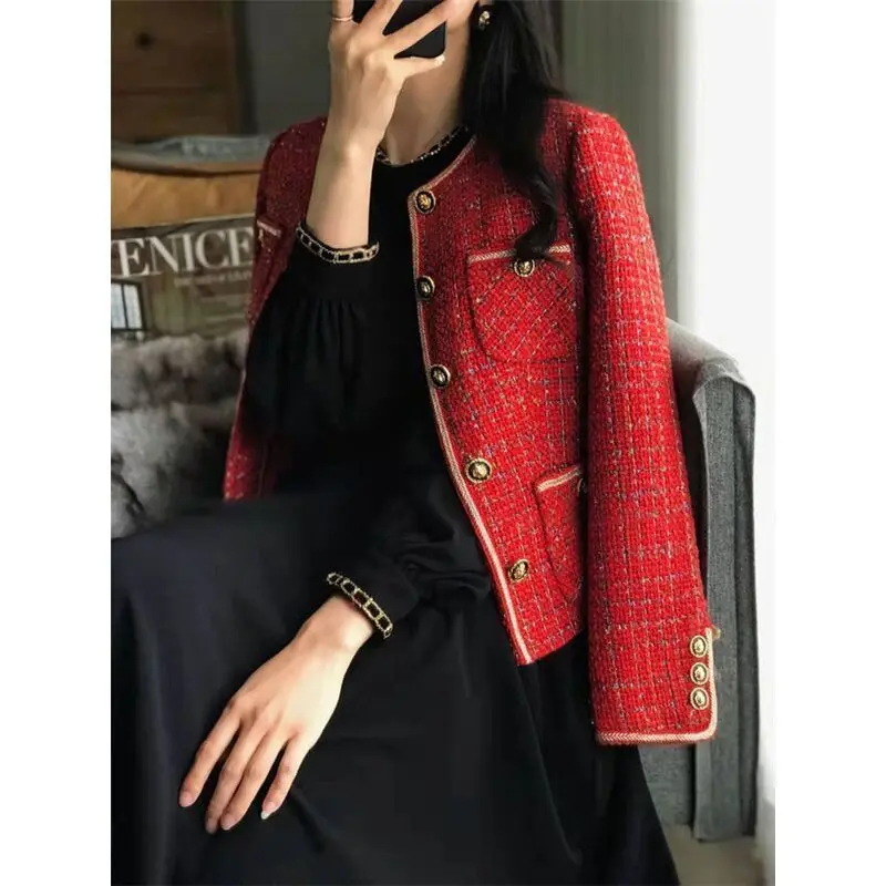 Tweed Blazers Women\'s Short Ins 2022 Autumn Winter Loose Red Round Neck Single-Breasted Suit Jacket