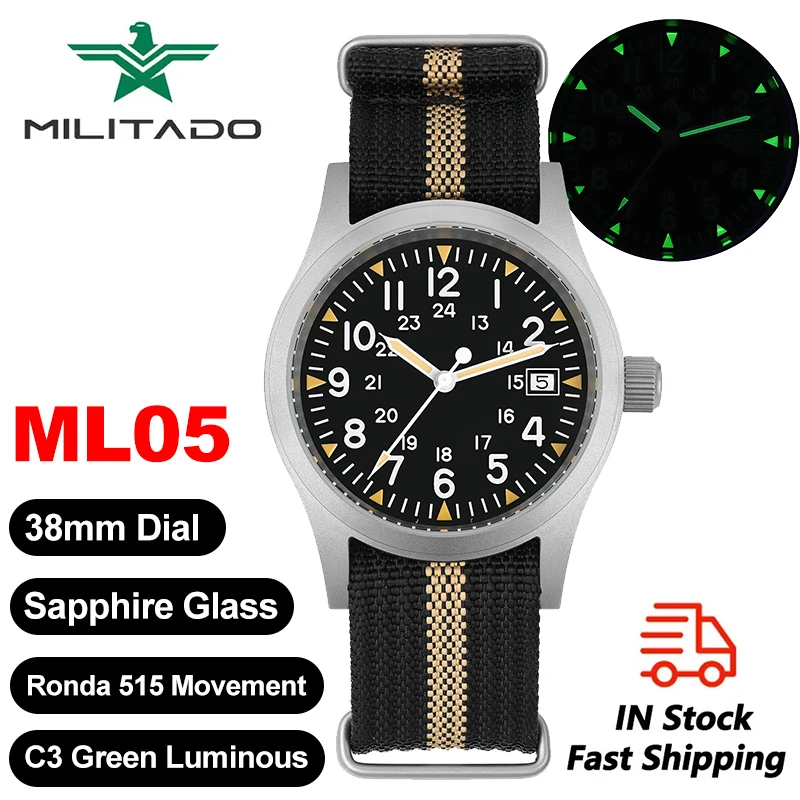 

Militado ML05 Кварцевые часы Ronda 515 Кварцевый механизм с сапфировым стеклом Винтажные часы 100 м Водонепроницаемые светящиеся часы для мужчин