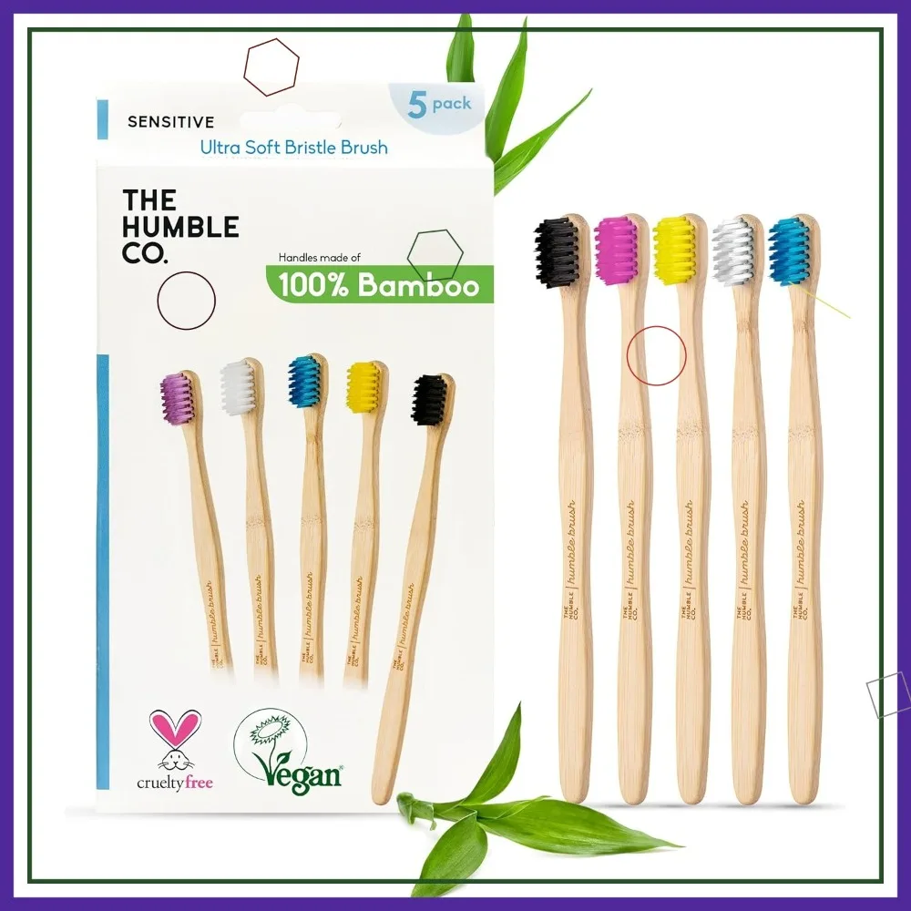 

Bamboo Toothbrushes, 5 Pack - Ultra Soft Bristles for Sensitive Gums, BPA Free & Plastic Free Handle