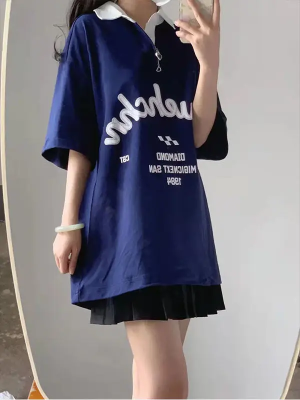 Japanese College Style Contrasting Color Short-sleeved T-shirt Women's Hong Kong Style Trendy Brand Retro Shirt Niche Top Ins