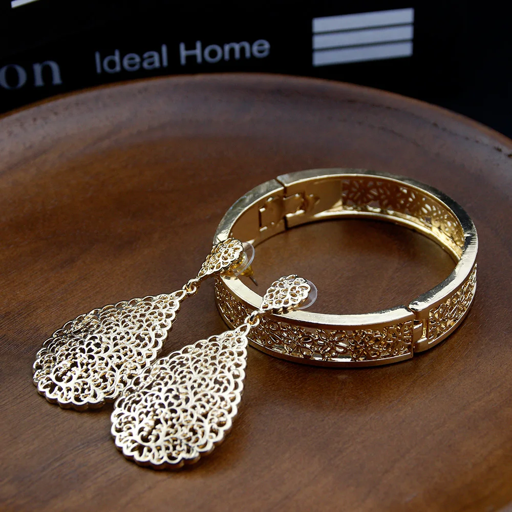 Sunspicems Chic Gold Color Bangle Earring Set Arabic Muslim Wedding Jewelry Luxury Bridal Drop Earring Algeria Brand Bijoux Gift