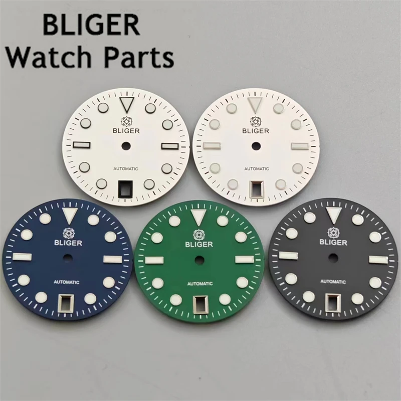 BLIGER 29mm Black White Green Blue Dial Green Luminous Fit NH35 Movement 6 o 'clock calendar Watch accessories