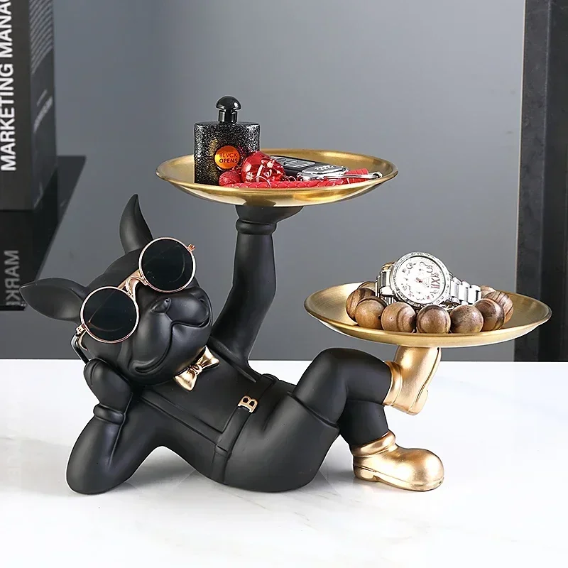 French Bulldog Animal Sculpture Resin Dog Sculpture Metal Tray Living Room Decoration Home Interior Decoration Accessories