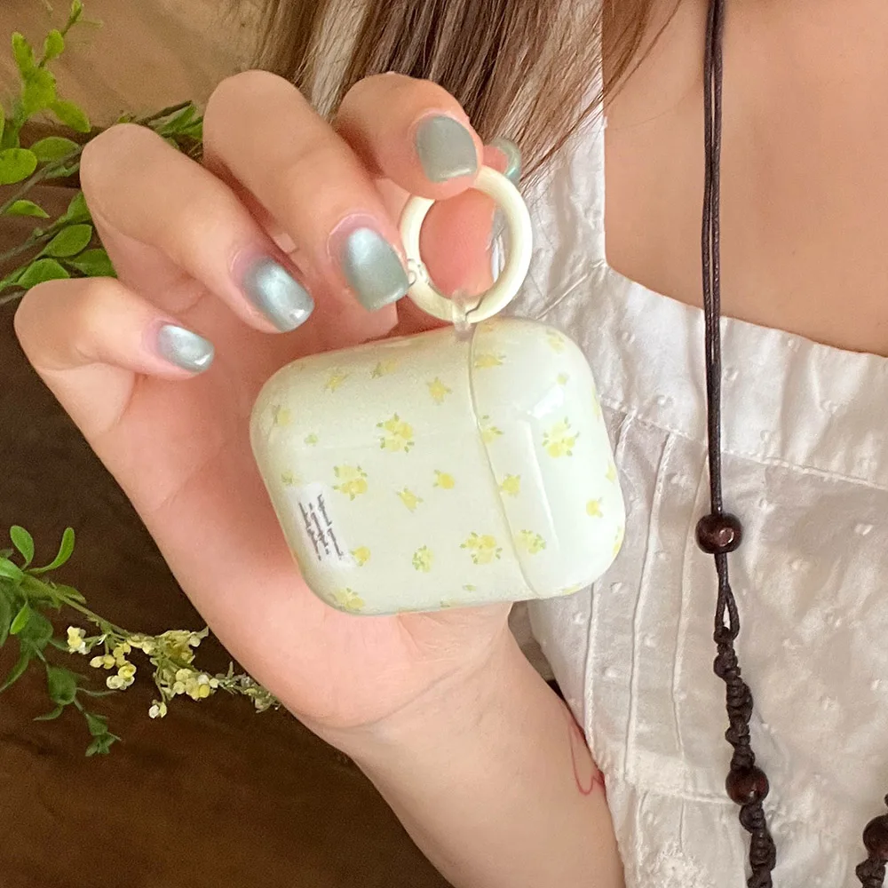حافظة حماية ناعمة لامعة على شكل زهرة صفراء كاملة لطيفة كورية لأجهزة Apple AirPods 1 2 3 4 Pro 2 غطاء مقاوم للصدمات Funda مع سلسلة مفاتيح