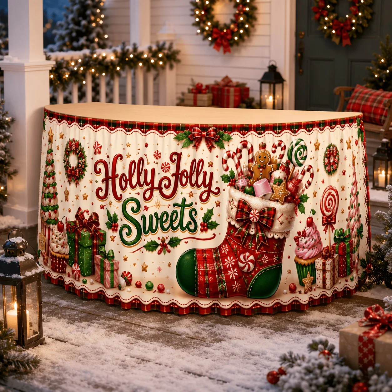 1 tablecloth table skirt, polyester Christmas socks, gingerbread cupcake gift box, male pine plaid frame printing decoration