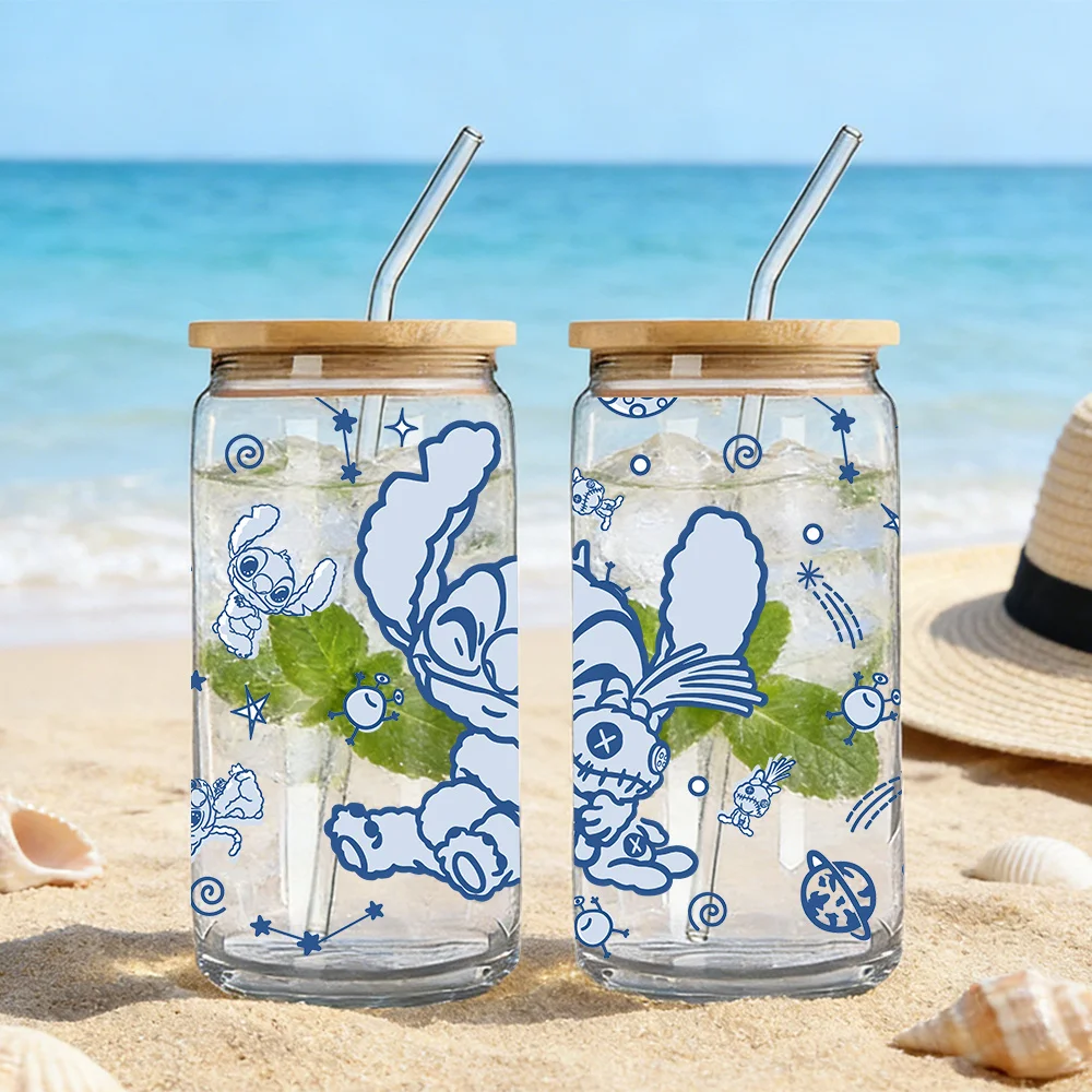 1pc 16oz Stitch Glass Tumbler with Bamboo Lid & Straw, Cute Cartoon Borosilicate Glass Cup for Iced Coffee Juice Home Office view 5