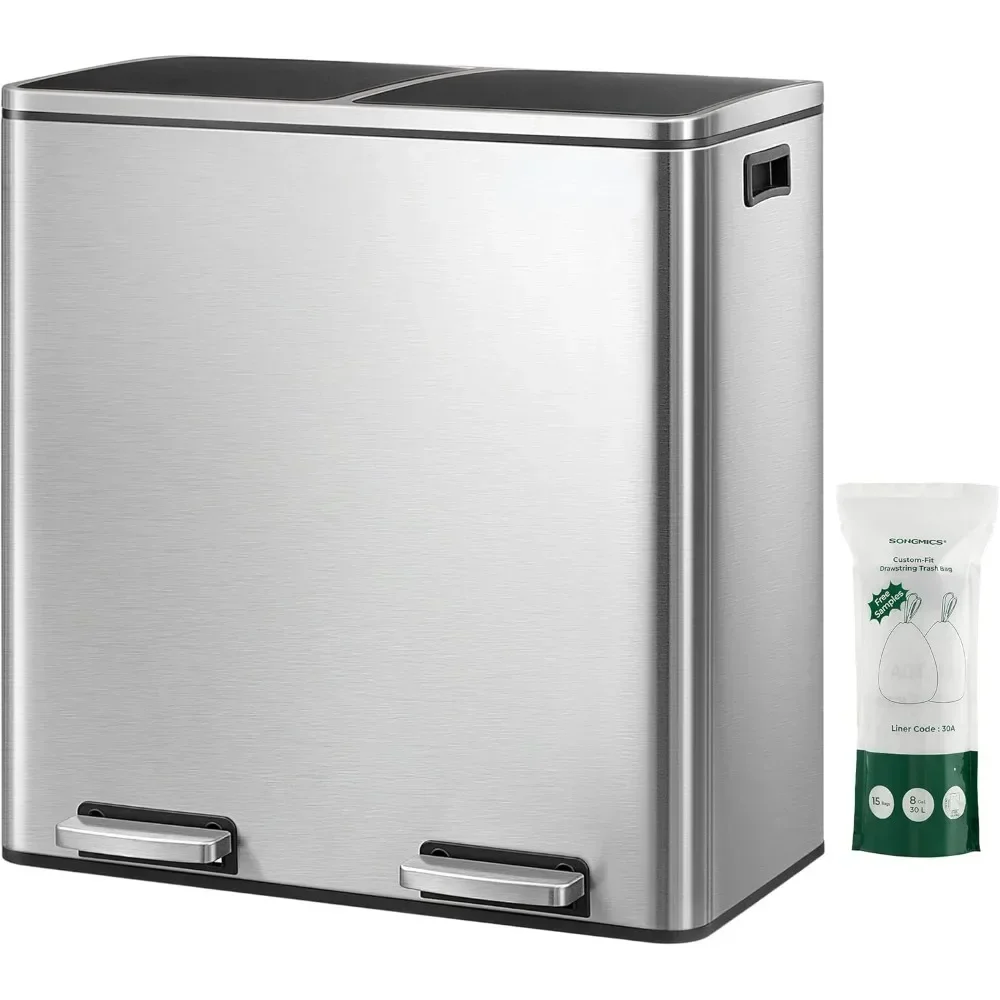 Garbage bin, 2 x 8 gallon kitchen garbage bin with 15 garbage bags, 2 compartments, plastic inner bin and hinged lid