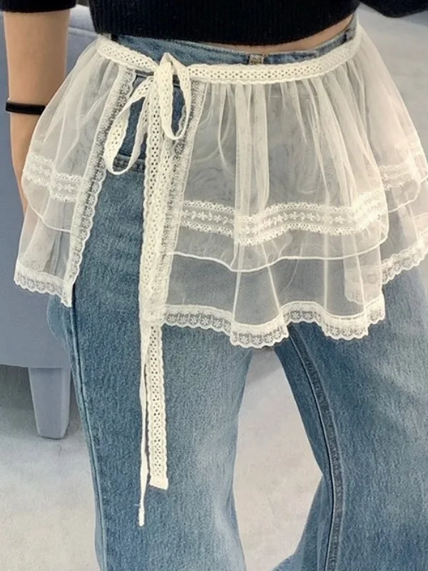 

Универсальная юбка с кружевной отделкой, женская весенняя мода, цельная прозрачная многослойная юбка с поясом, шикарная юбка-занавеска