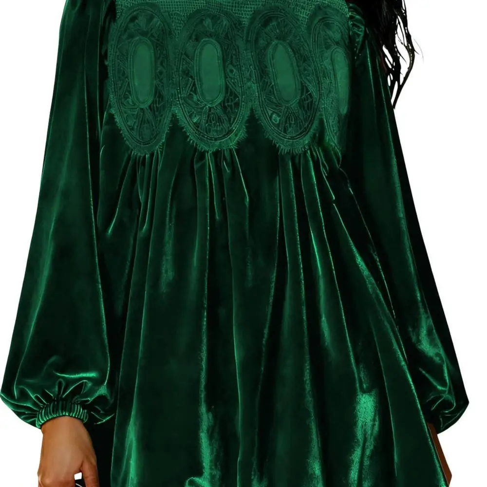 Elegant Lace Velvet Dress Women Ruffle Neck Long Sleeve Casual Mini Skirt Autumn Winter Party Fashion Apparel New