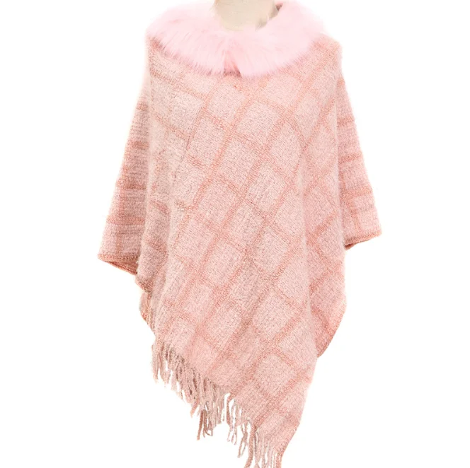 Chenille Wool Collar Cloak Hot Selling Plaid Knitted Shawl Autumn Winter Warm Large Pullover Female Girl Sweater Coat Black