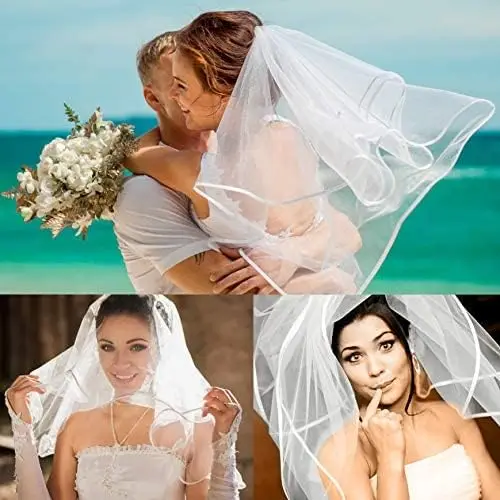 Véu de noiva feminino simples tule curto véu de casamento borda de cetim com pente para festa de despedida de solteira de casamento
