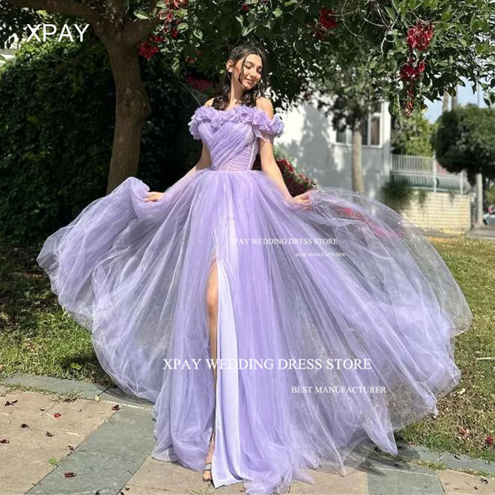 

XPAY Sweetheart Ruffles Flowers Evening Party Dresses Lavender Floor Length High Split Backless Off Shoulder Formal Party Dress