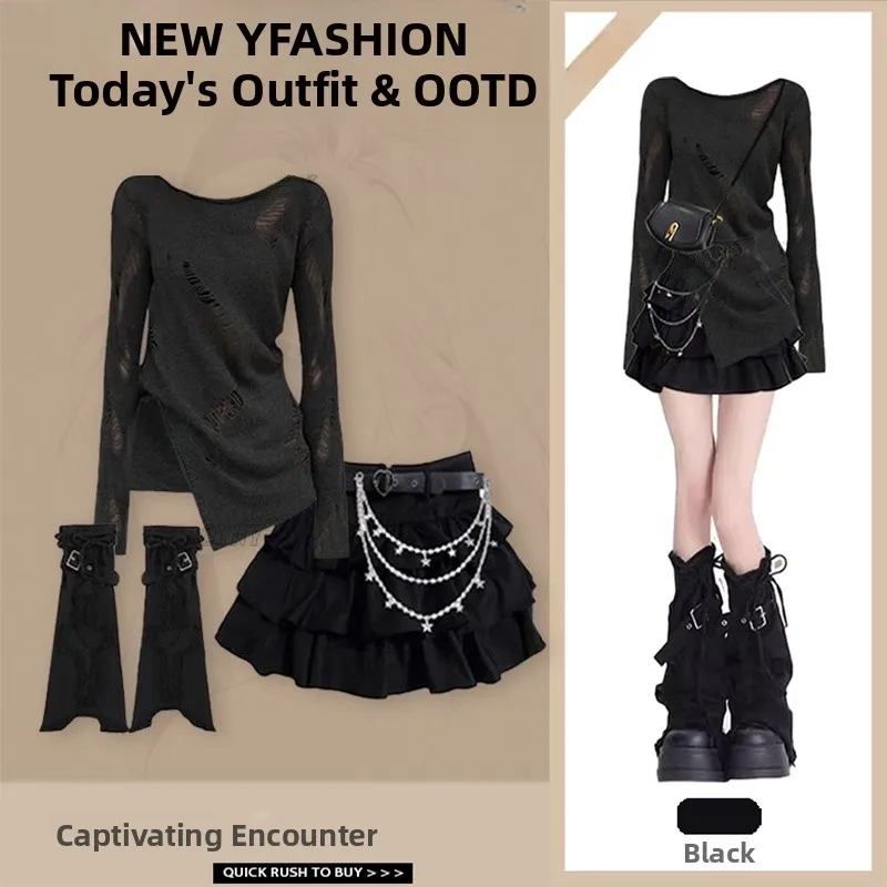 

Autumn Fashion Women's Knitted Top And Puffy Short Skirt Two-Piece Set Design Sensation Slimming Long Sleeve round Neck Ensemble