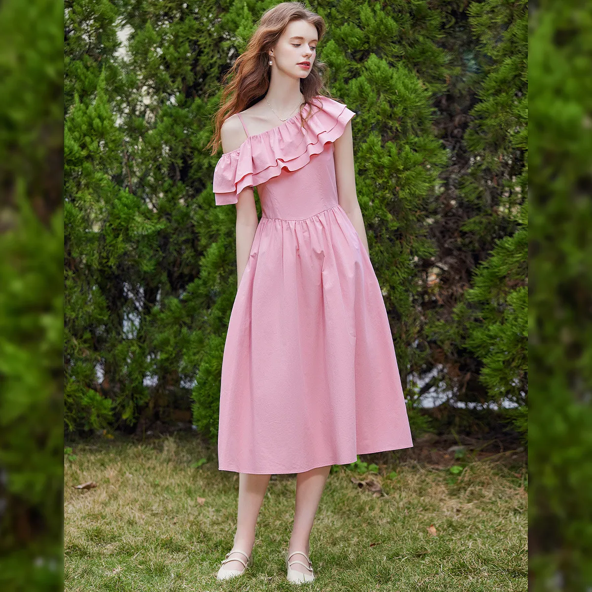 Louis yao vestido de camada dupla com borda plissada, verão 2021, elegante, linha a, gola inclinada, alça lateral única, vestido feminino