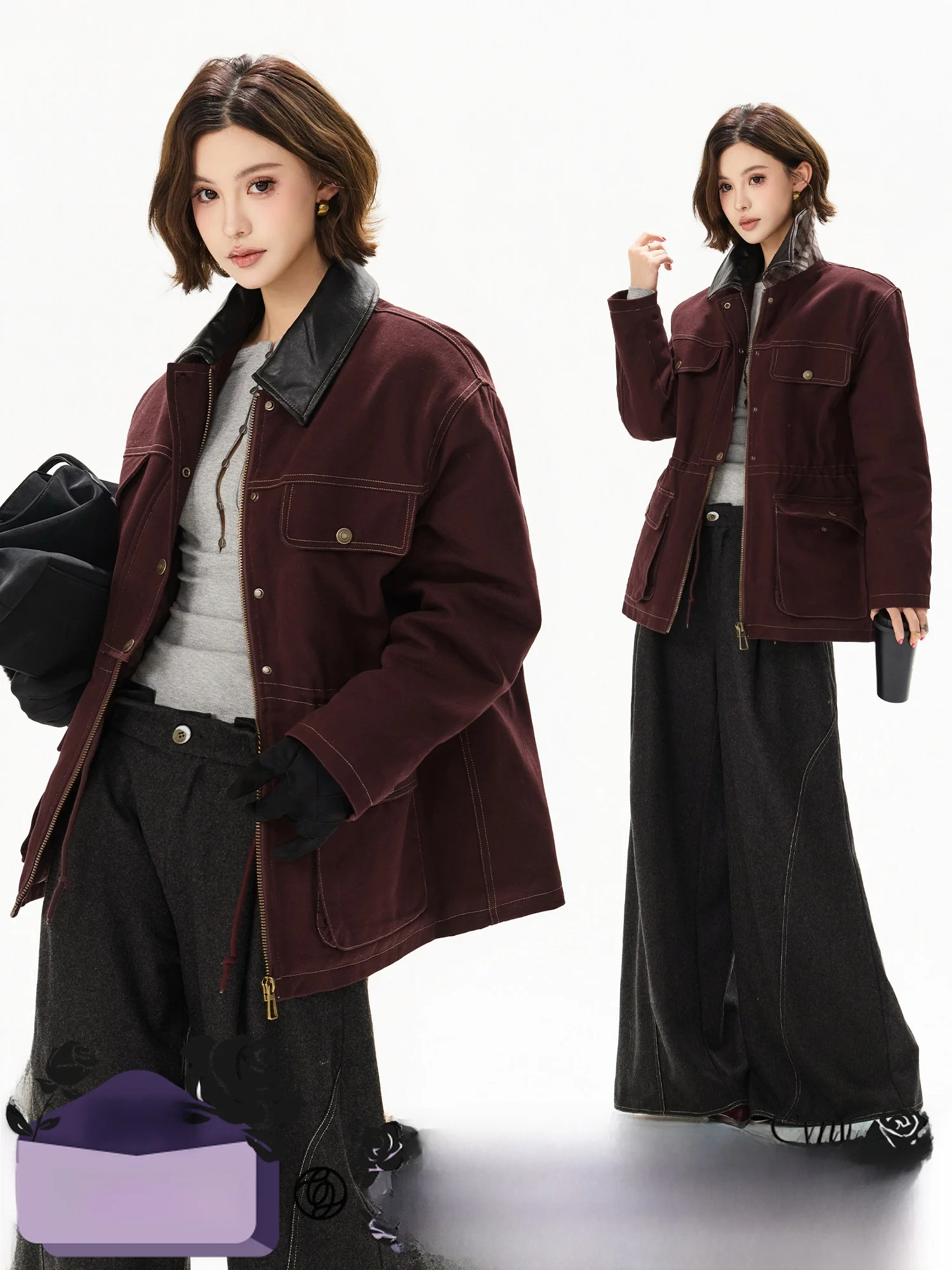 

CYNR Original Design Retro Sle Plaid Workwear Jaet Collar Leather Patchwork Cotton Waist Dstring Full Cotton Coat