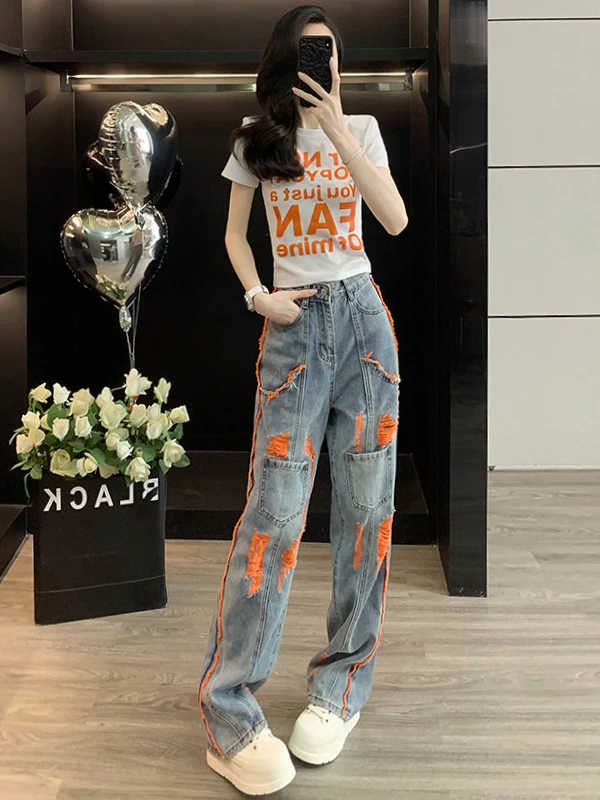 Retro Hong Kong Style Casual Sports Set Women Summer 2026 New Short Sleeve round Neck Top Denim Wide Leg Pants Two Piece Set