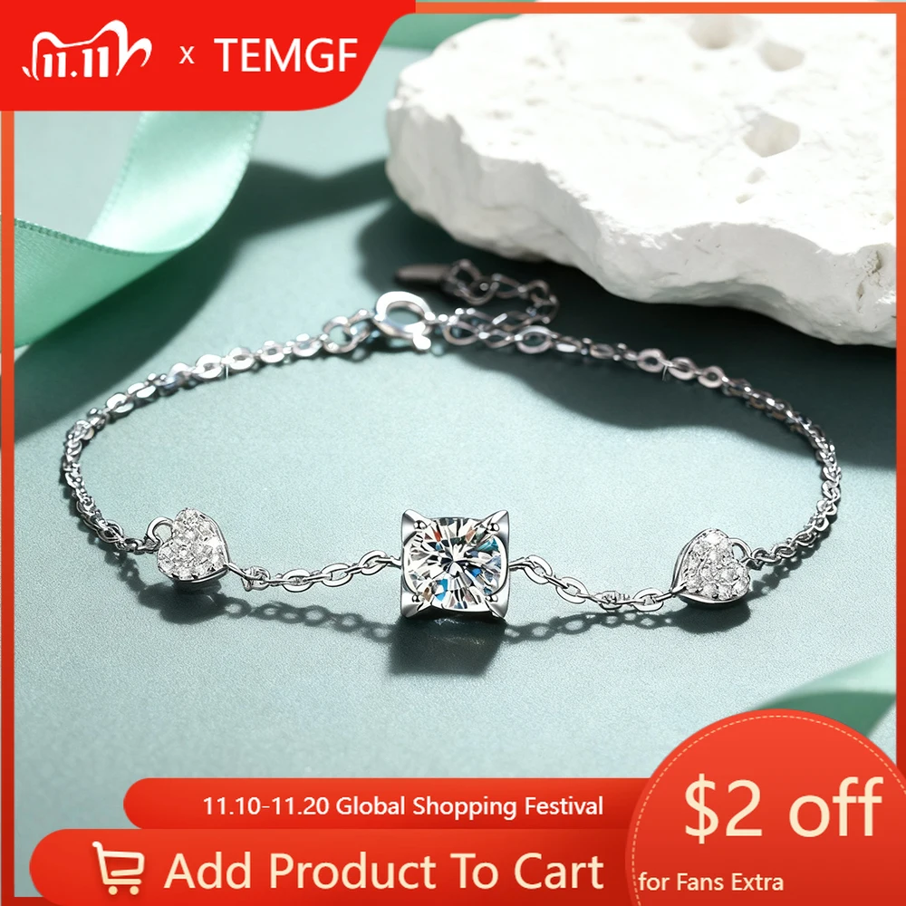 

Браслет из стерлингового серебра TEMGF S925 для женщин и девочек 1CTTW, инкрустация муассанитом/цирконом, простые ювелирные изделия, романтические подарки для свиданий