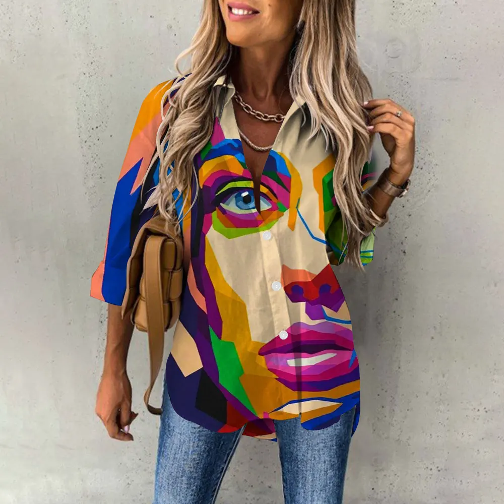 

2024 Women's shirt & blouses Printed Button Shirt Human face Abstract Art Face Printed Shirt Casual Plus-Size Loose blouses