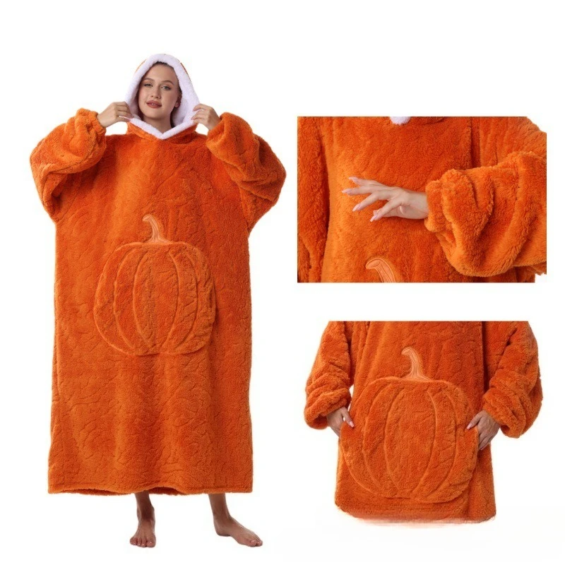 Oversized Hooded Women Nightgown Sweatshirt Winter Keeps Warm Wearable Blanket Pullover Sweater Hooded Robe Plush Loungewear
