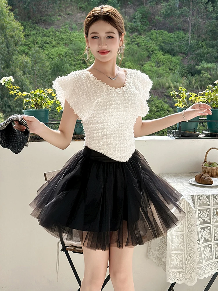 

Women's Clothes Kawaii Cute Mesh Black Skirt Mujer Elastic Waist Mini Ball Gown Lady Streetwear Party Skirts Female Daily Wear