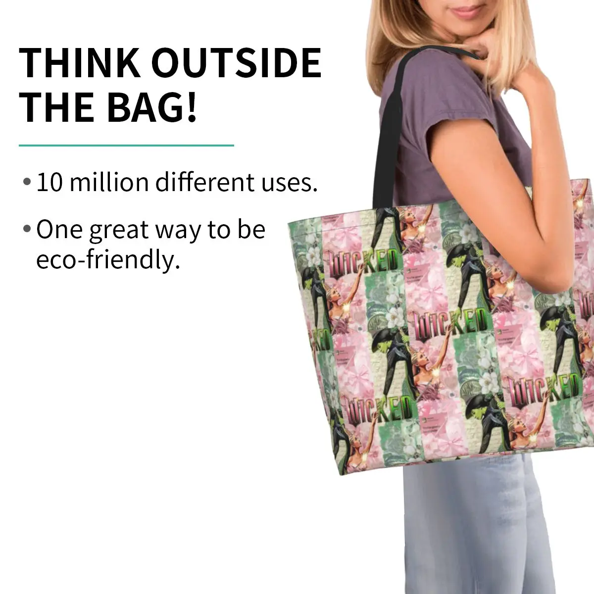 Movie Wicked Elphaba And Glinda Shopping Tote Bag Canvas Large Capacity Shoulder Bags Shopper Grocery Handbag for Women