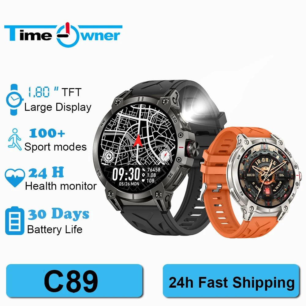 Time Owner Smart Watch Outdoor Sports Bluetooth Call Information Reception AI Voice Health Monitoring Flashlight C89 Smartwatch