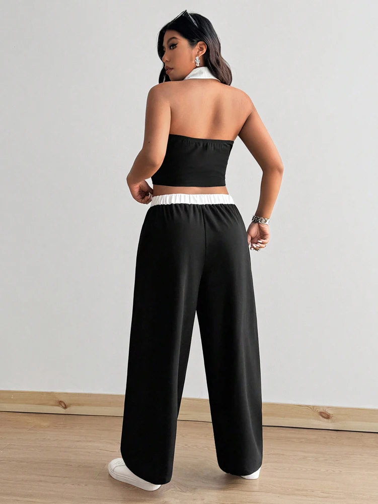 Grande taille col suspendu gilet pur désir épice fille tempérament mode noir et blanc couleur choc Sexy deux pièces ensemble