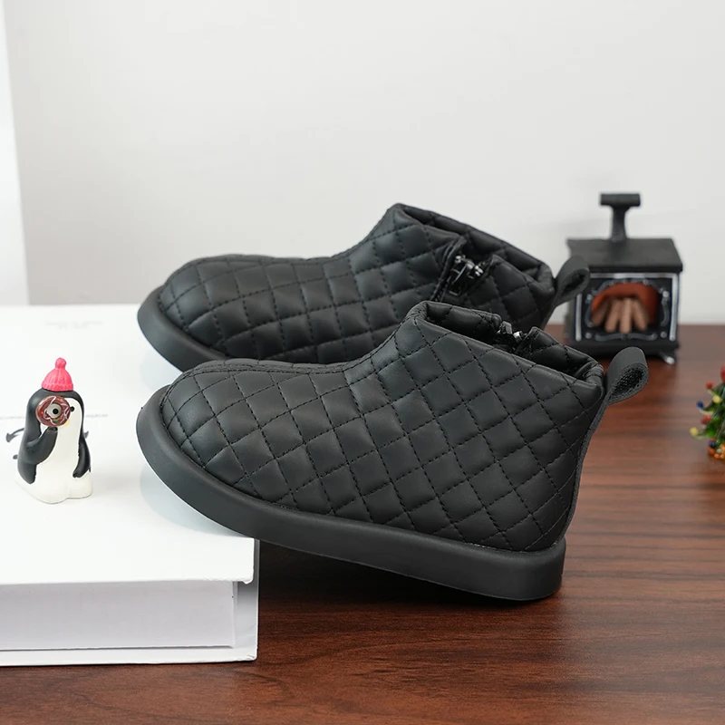 Winter Fashion Toddler Little Girls Ankle Boots Diamond Quilted Warm Front Zipper Chunky Nonslip Boots for Outdoor Daily Wear